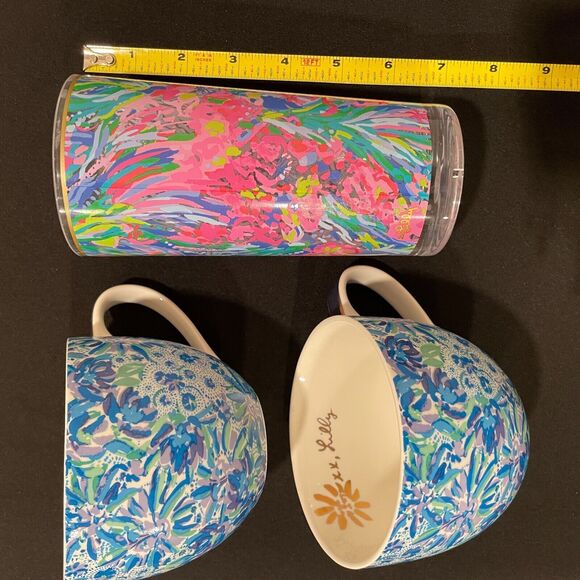 ~ Lilly Pulitzer 2 Blue Floral Hidden Lion Mugs Gold Handles+Pink Floral Tumbler - Picture 4 of 16